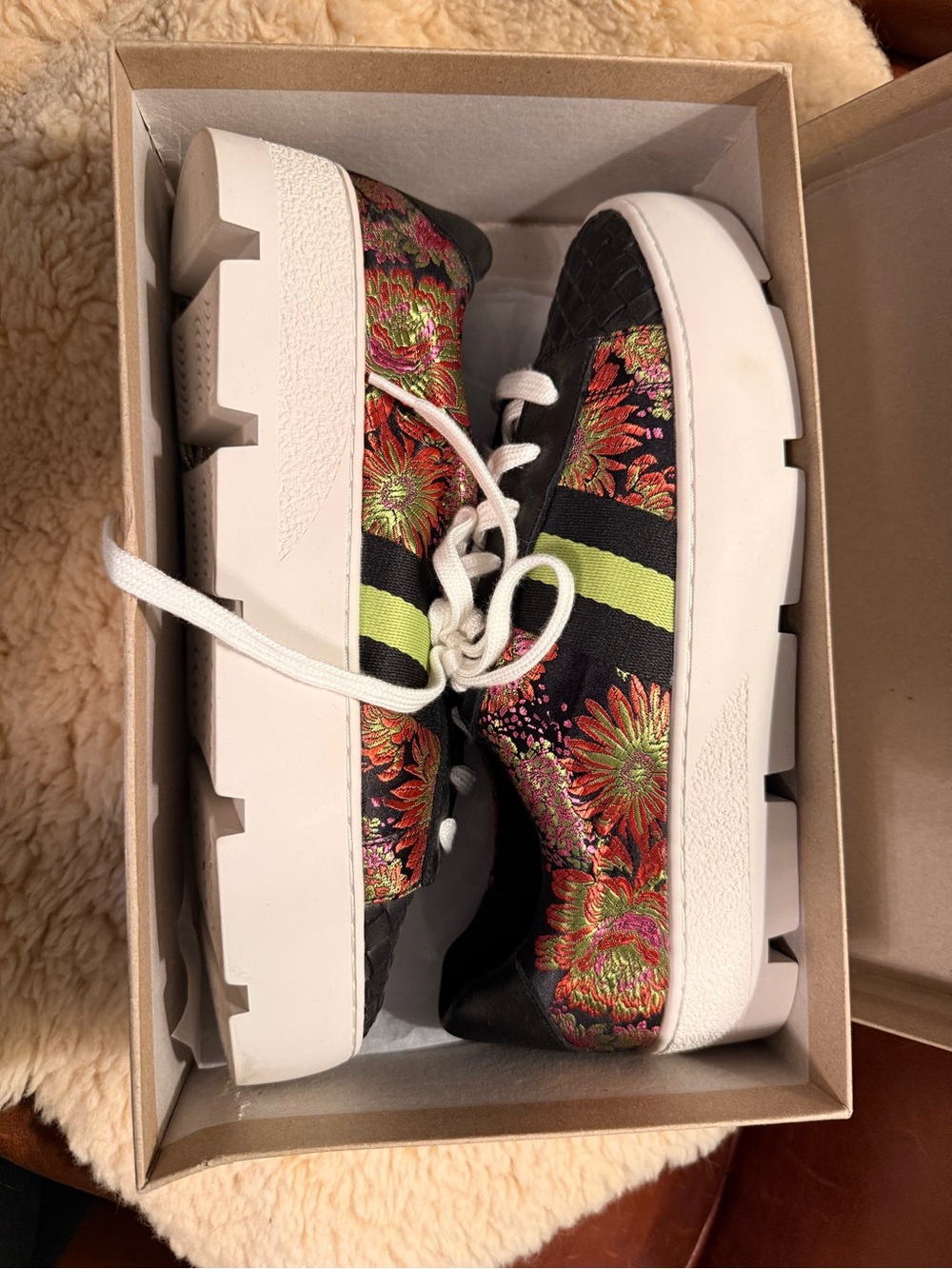 NIB Johnny Was Black Floral Jaquard Sneaker with Stripe